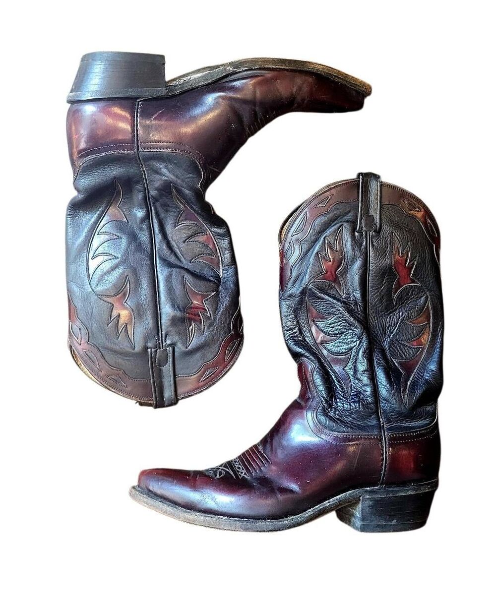 Vintage Dan Post Boots Men's 9 Black Cherry Oxblood El Paso Leather Cowboy